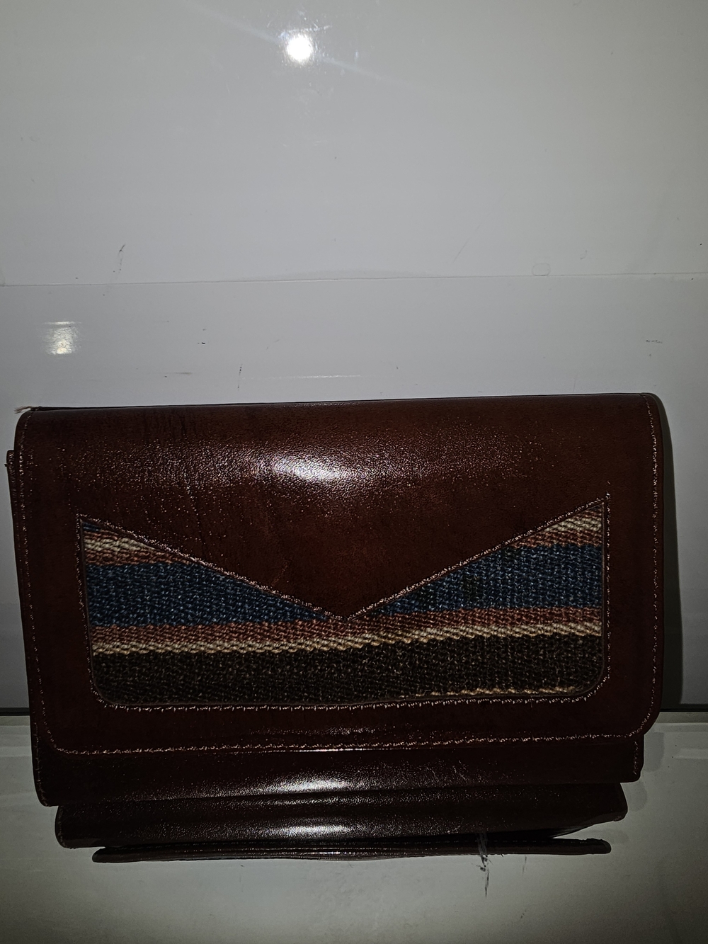 Brown Leather Clutch Wallet with Striped Textile Accent